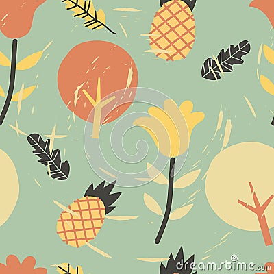 Pineapple fruit seamless pattern vector design with leaf and tree Vector Illustration