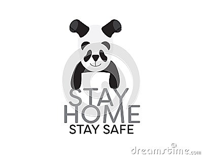 Stay Home Sign With Cute Cartoon Panda Vector Illustration