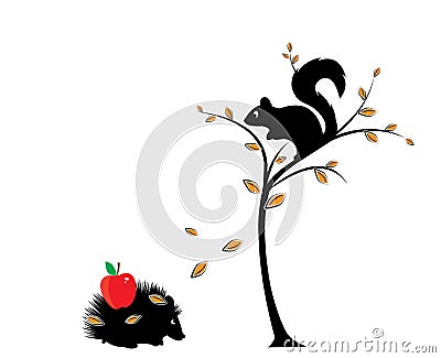 Squirrel silhouette on tree in autumn and hedgehog with apple in his back, vector. Nature in autumn illustration Cartoon Illustration