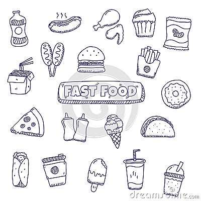 Fast food doodles vector illustration in cute hand drawn style Cartoon Illustration