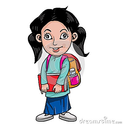 Girl with Malay school uniform and backpack ready go to school Vector Illustration