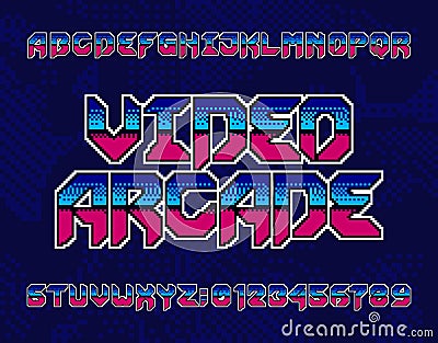 Video Arcade alphabet font. Retro pixel letters and numbers. Pixel background. Vector Illustration