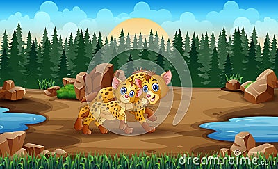 Cartoon adult hyena and cub hyena in the zoo Cartoon Illustration