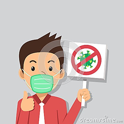 Covid-19 protection concept a man wearing protective face mask with anti virus sign Vector Illustration