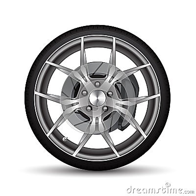 Realistic car wheel alloy black tire with disk brake on white background vector Vector Illustration