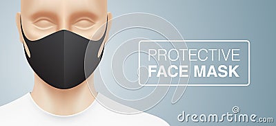 Man with a black protective face mask on his face. Vector Illustration