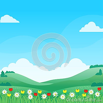 Beautiful spring landscape vector illustration with flowers, grass, green field and bright sky Cartoon Illustration