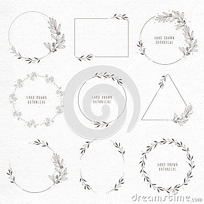 Botanical flower wreath and frame hand draw line art Vector Illustration