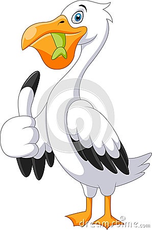 Cartoon Pelican with fish in its beak. Vector Illustration