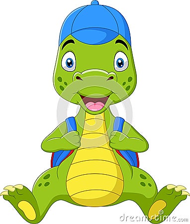 Funny dino cartoon going to school Vector Illustration