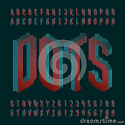 Dots alphabet font. Digital isometric pixel letters and numbers. Vector Illustration