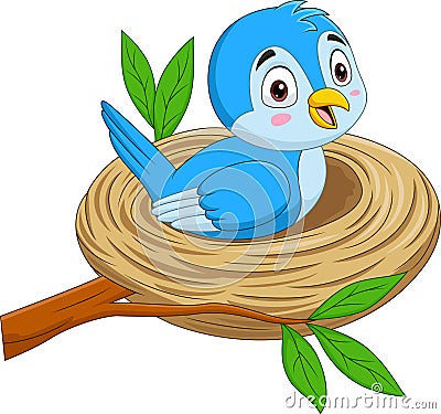 Cartoon blue bird sitting in a nest Vector Illustration