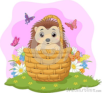 Cartoon baby hedgehog sitting in a basket Vector Illustration