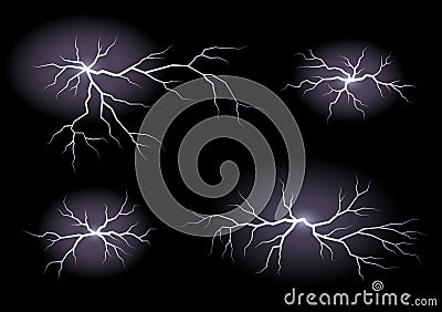 Set of lightnings isolated on black background. Thunderstorm and lightning. Vector Illustration