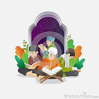 Ramadan kids activity recitation Quran Vector Illustration