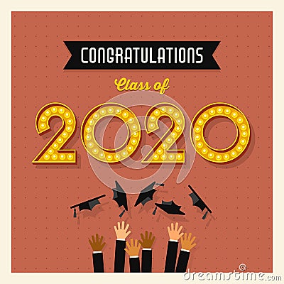 2020 graduation greeting card or banner design with vintage light bulb sign numbers. Vector Illustration