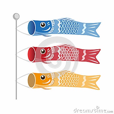 Japanese Children`s Day Koinobori, Fish Carps Flags in three color icon set in flat illustration vector isolated in white backgrou Vector Illustration