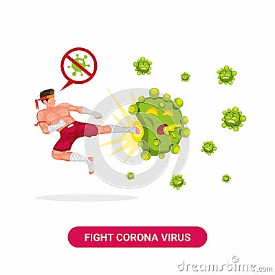 Muay thai fighter flying kick evil corona virus. spirit to stop and destroy virus bacteria with traditional martial art from thail Vector Illustration