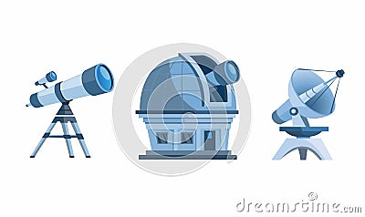 Astronomy discovery equipment set. observatory dome, telescope, planetarium and satellite dish cartoon flat illustration vector is Vector Illustration