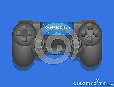Consol Gamepad with screen with text `ready to play ?`. illustration vector isolated in blue background Vector Illustration