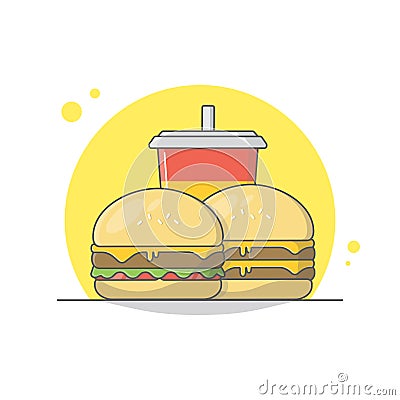 Flat design of double burger and softdrink Vector Illustration