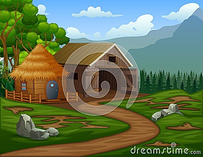 Cartoon barn house with a cabin in the farmland Vector Illustration