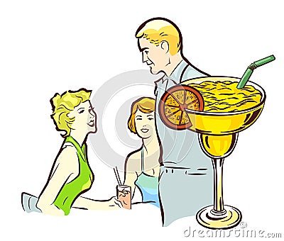 Restaurant scene. Ladies sitting at a restaurant table with wine. Flat style vector image. Vector Illustration