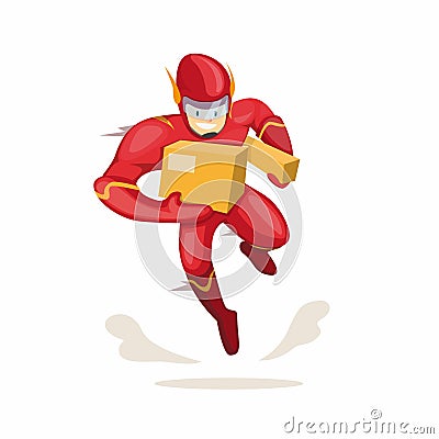 Superhero carrying package mascot for courier express delivery service in cartoon flat illustration vector isolated in white backg Vector Illustration