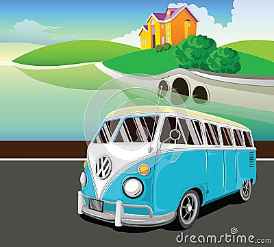 Vector illustration with old bus. Cartoon Illustration