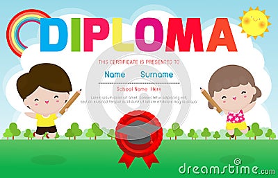 Diploma kids Certificates kindergarten and elementary, Preschool Kids Diploma certificate background design template Vector Illustration