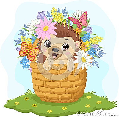 Cartoon baby hedgehog in the basket Vector Illustration