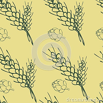 Illustration spikelets of wheat and hop cones on a yellow background Vector Illustration