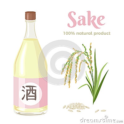 Bottle of sake, spike of rice and grains isolated on white background. Vector illustration Vector Illustration