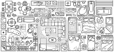 Floor plan icon set in top view for interior design. Architecture plan with furniture View from above. Vector Illustration