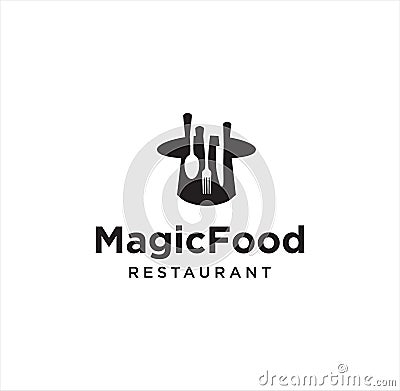 Magic Food Logo Vintage Hipster Retro, fork and spoon food in magic hat logo Design Template. Vector Illustration