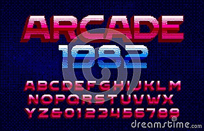 Arcade 1982 alphabet font. Pixel gradient letters and numbers. Pixel background. Vector Illustration