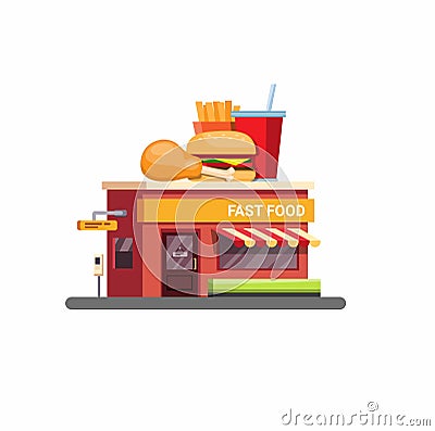 Fast food restaurant building with drive thru service in flat style illustration vector isolated in white background Vector Illustration