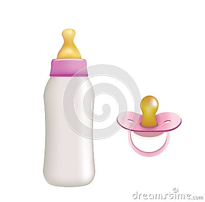 Pink baby bottle and pacifier Vector Illustration
