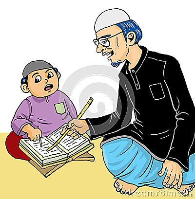 Muslim kid learning quran with his grandpa Vector Illustration