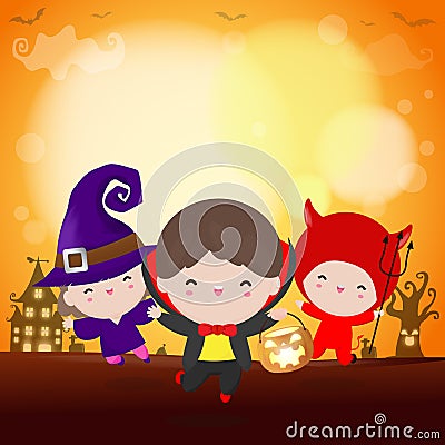 Happy Halloween Party Kids Costume. Group of children in Halloween cosplay. Template for advertising brochure. Happy Halloween Vector Illustration