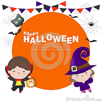 Happy halloween poster, Cute Little Dracula Vampire and witch holding pumpkin kids in Halloween cosplay trick or Treating Vector Illustration