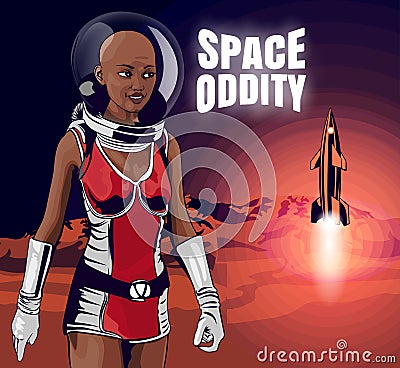 Beauty woman on the Mars station. Dressed space suit. Rocket landing to the Mars planet. Sci-fi fantasy. Retro style colored. Vec Vector Illustration