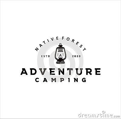 Camping logo emblem vector illustration. Outdoor adventure expedition, lantern and mountain silhouettes Vintage Grunge Retro Hipst Vector Illustration