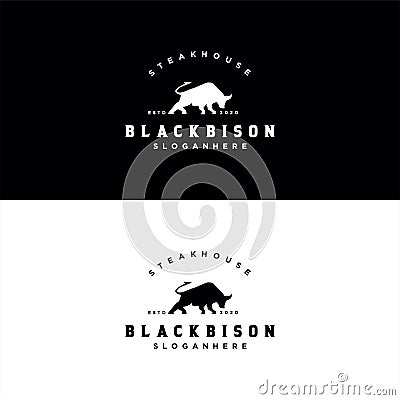Bison Bull Buffalo Angus Silhouette Steak House Vintage Retro Logo design Illustration Vector Illustration
