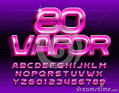 Vapor 80 alphabet font. Glowing 3D retro letters and numbers. Vector Illustration