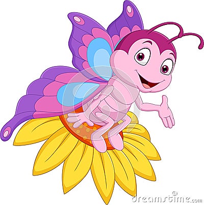 Cartoon funny butterfly sitting on the flower Vector Illustration