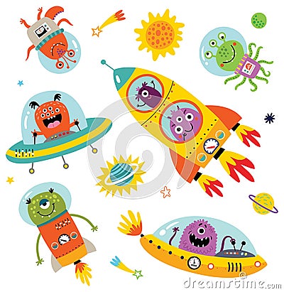 Funny monsters in space. Vector illustration Vector Illustration