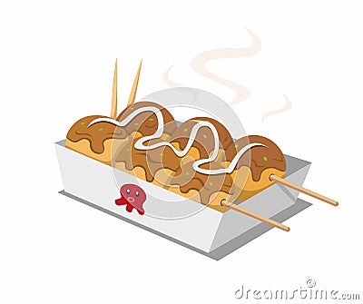 Takoyaki japanese street food in cartoon isometric illustration vector isolated in white background Vector Illustration