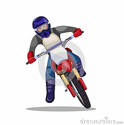 Man riding motocross dirt bike, racer motorbike trail cornering in cartoon flat illustration vector isolated in white background Vector Illustration