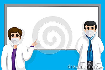 Template by describing the doctor presenting, there is an empty place for content. Vector Illustration